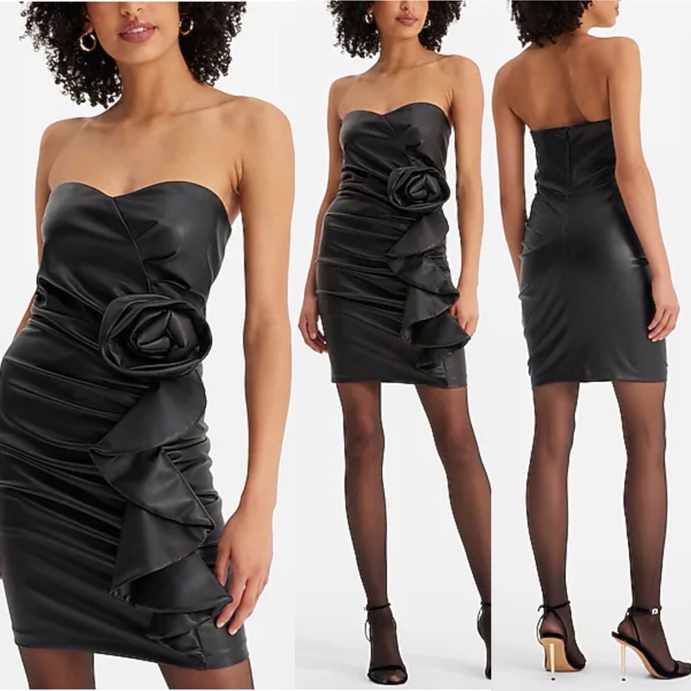 NWT Rxpress Strapless Rose Ruffle Black Faux Leather Mini Dress XS